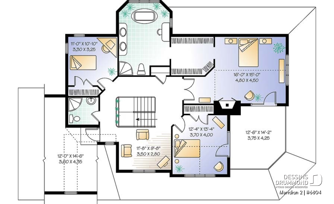 Étage - Plan de maison panoramique, galerie abritée sur 3 faces, garage double, terrasse aux maîtres, 3 chambres. - Meridian 2