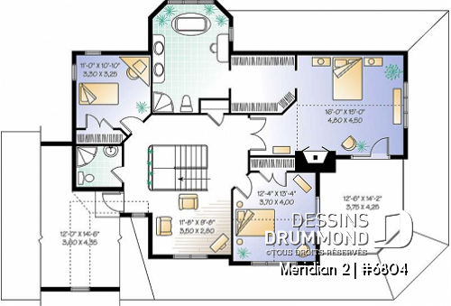 Étage - Plan de maison panoramique, galerie abritée sur 3 faces, garage double, terrasse aux maîtres, 3 chambres. - Meridian 2