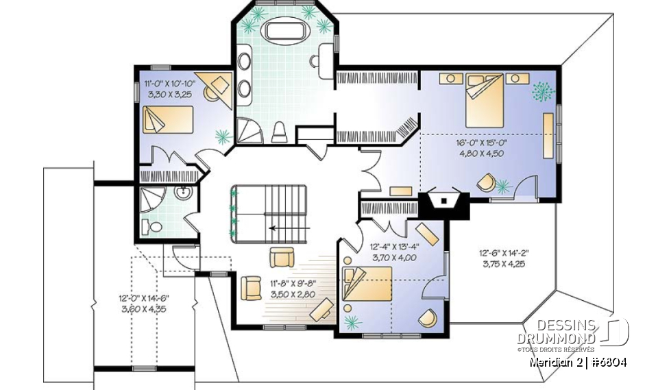 Étage - Plan de maison panoramique, galerie abritée sur 3 faces, garage double, terrasse aux maîtres, 3 chambres. - Meridian 2