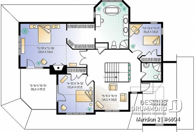 Étage - Plan de maison panoramique, galerie abritée sur 3 faces, garage double, terrasse aux maîtres, 3 chambres. - Meridian 2