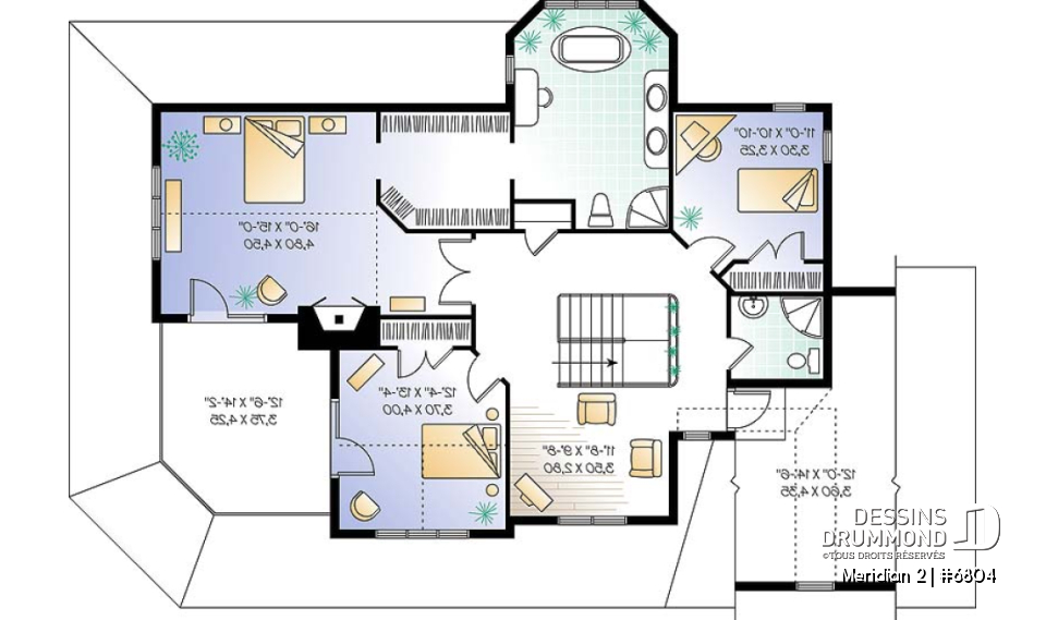 Étage - Plan de maison panoramique, galerie abritée sur 3 faces, garage double, terrasse aux maîtres, 3 chambres. - Meridian 2