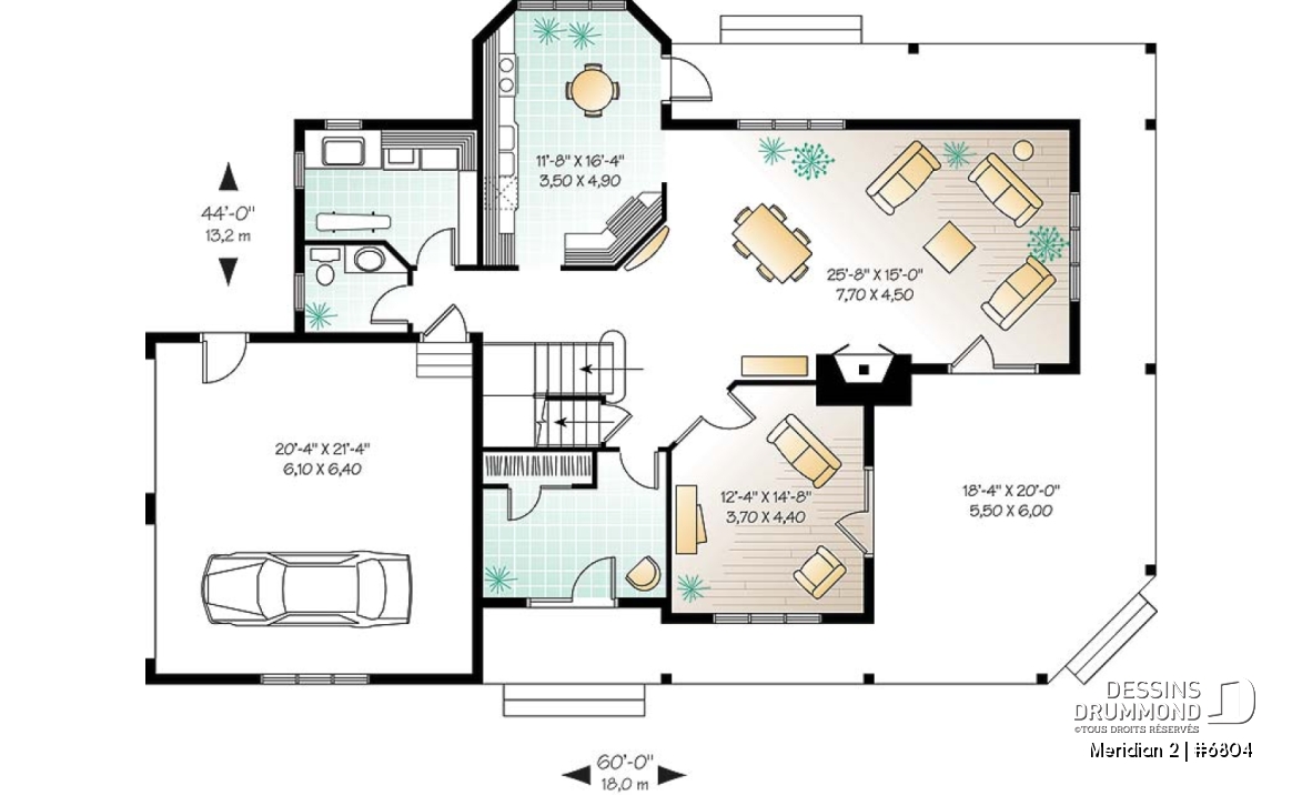 Rez-de-chaussée - Plan de maison panoramique, galerie abritée sur 3 faces, garage double, terrasse aux maîtres, 3 chambres. - Meridian 2