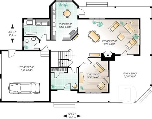 Rez-de-chaussée - Plan de maison panoramique, galerie abritée sur 3 faces, garage double, terrasse aux maîtres, 3 chambres. - Meridian 2
