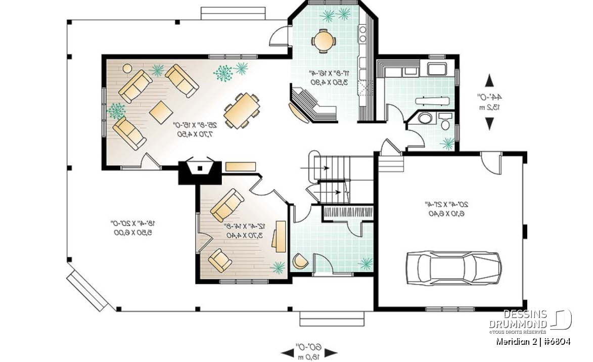 Rez-de-chaussée - Plan de maison panoramique, galerie abritée sur 3 faces, garage double, terrasse aux maîtres, 3 chambres. - Meridian 2
