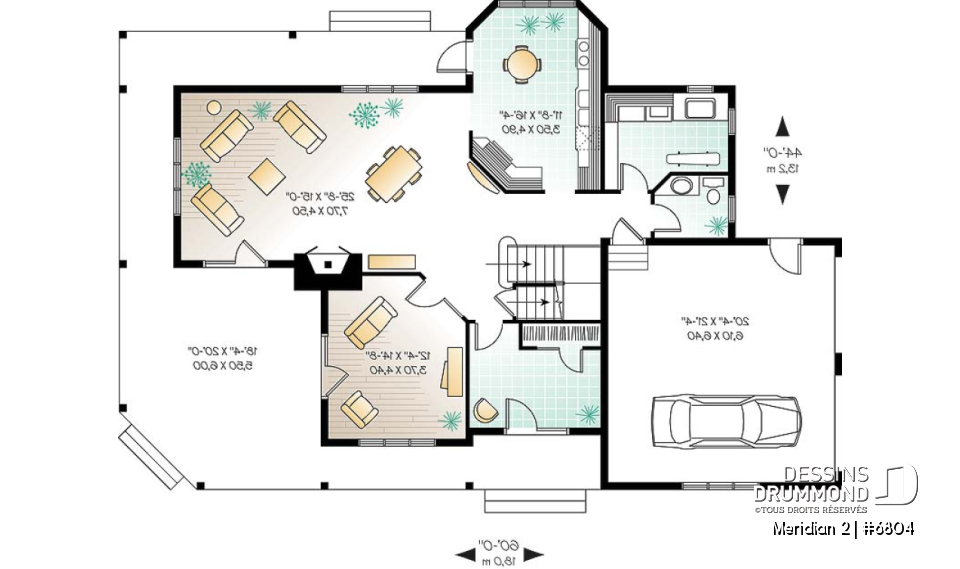 Rez-de-chaussée - Plan de maison panoramique, galerie abritée sur 3 faces, garage double, terrasse aux maîtres, 3 chambres. - Meridian 2