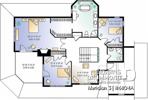 Étage - Plan d'un cottage panoramique avec garage double, 3 chambres, fenêtrage abondant, coin déjeuner - Meridian 3