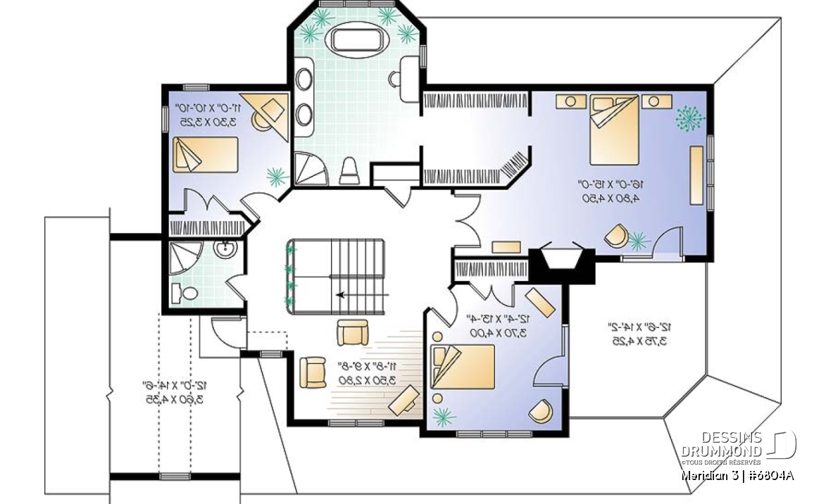 Étage - Plan d'un cottage panoramique avec garage double, 3 chambres, fenêtrage abondant, coin déjeuner - Meridian 3