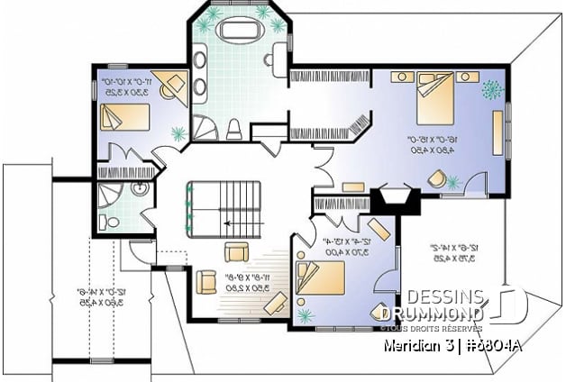 Étage - Plan d'un cottage panoramique avec garage double, 3 chambres, fenêtrage abondant, coin déjeuner - Meridian 3