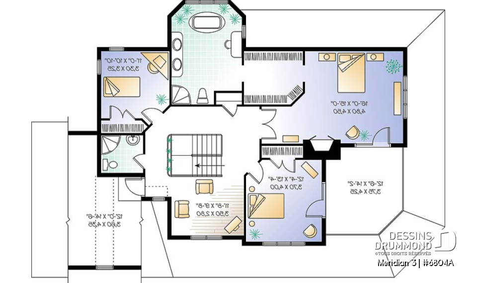 Étage - Plan d'un cottage panoramique avec garage double, 3 chambres, fenêtrage abondant, coin déjeuner - Meridian 3