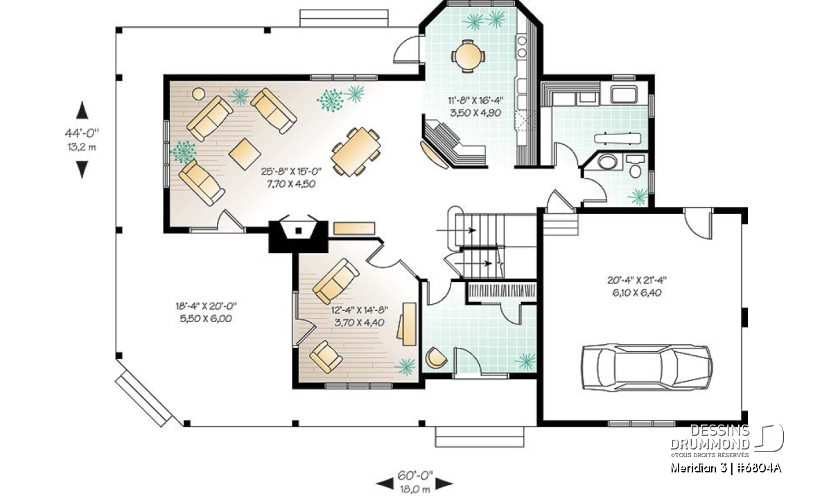 Rez-de-chaussée - Plan d'un cottage panoramique avec garage double, 3 chambres, fenêtrage abondant, coin déjeuner - Meridian 3