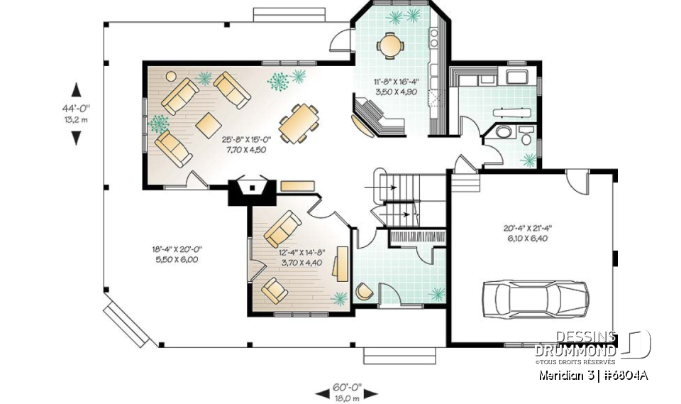 Rez-de-chaussée - Plan d'un cottage panoramique avec garage double, 3 chambres, fenêtrage abondant, coin déjeuner - Meridian 3