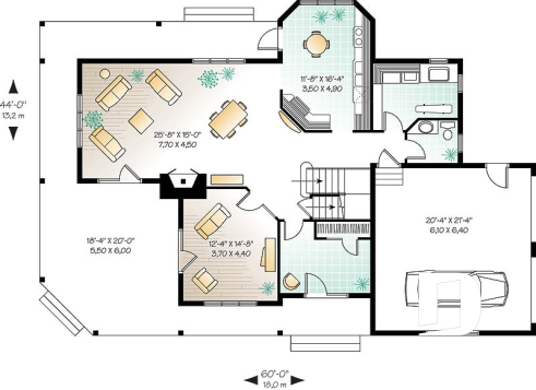 Rez-de-chaussée - Plan d'un cottage panoramique avec garage double, 3 chambres, fenêtrage abondant, coin déjeuner - Meridian 3