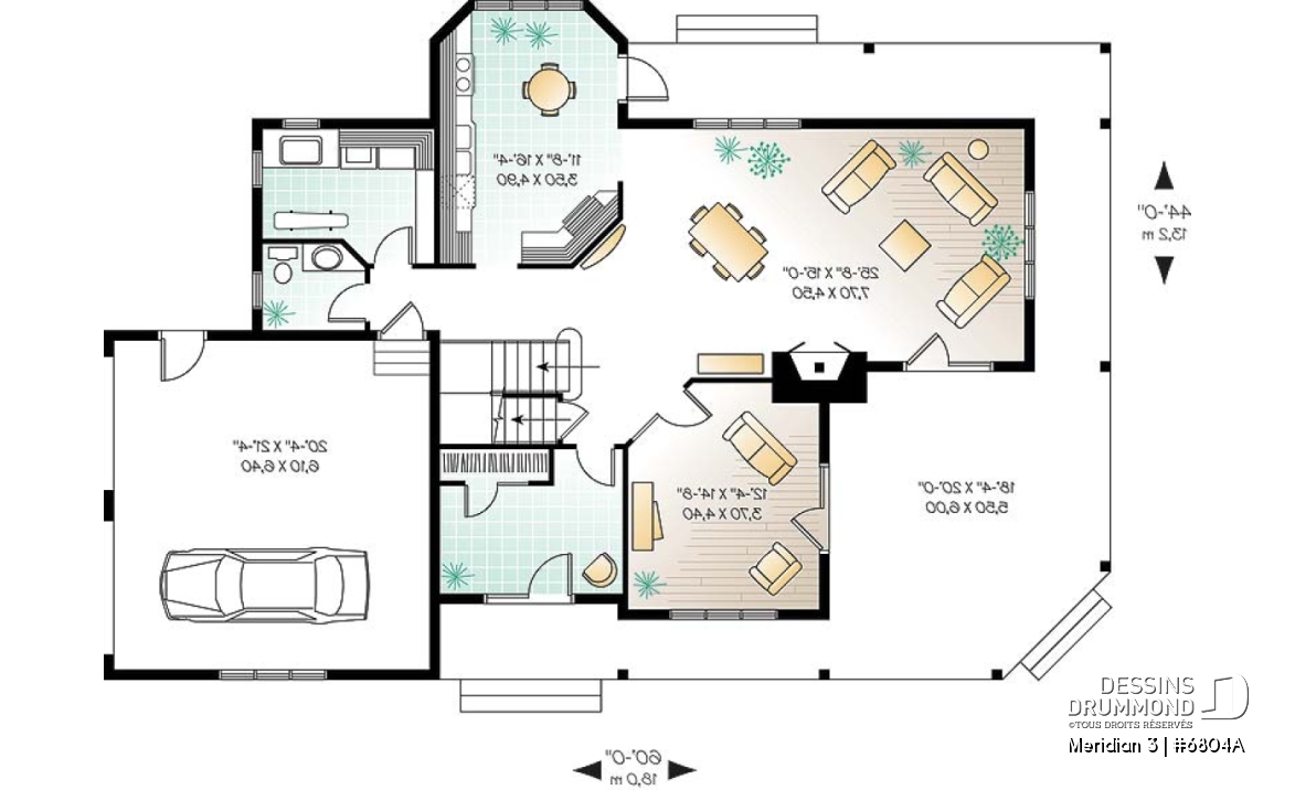 Rez-de-chaussée - Plan d'un cottage panoramique avec garage double, 3 chambres, fenêtrage abondant, coin déjeuner - Meridian 3