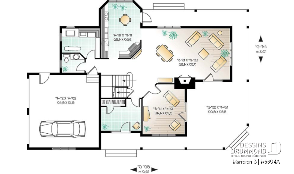 Rez-de-chaussée - Plan d'un cottage panoramique avec garage double, 3 chambres, fenêtrage abondant, coin déjeuner - Meridian 3