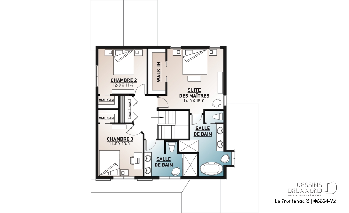 Étage - Plan de style champêtre rustique avec garage, grande cuisine avec îlot, foyer, suites des parents, 3 chambres - Le Frontenac 3