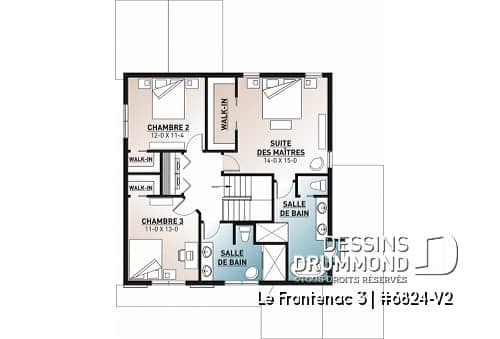 Étage - Plan de style champêtre rustique avec garage, grande cuisine avec îlot, foyer, suites des parents, 3 chambres - Le Frontenac 3