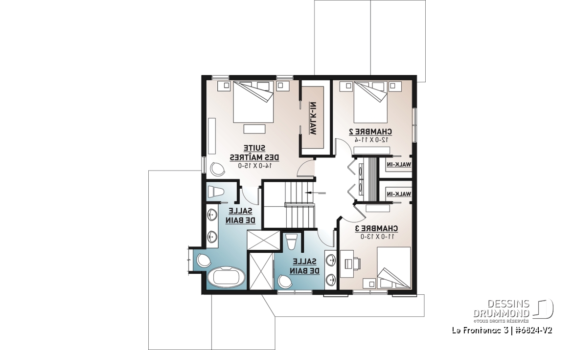Étage - Plan de style champêtre rustique avec garage, grande cuisine avec îlot, foyer, suites des parents, 3 chambres - Le Frontenac 3