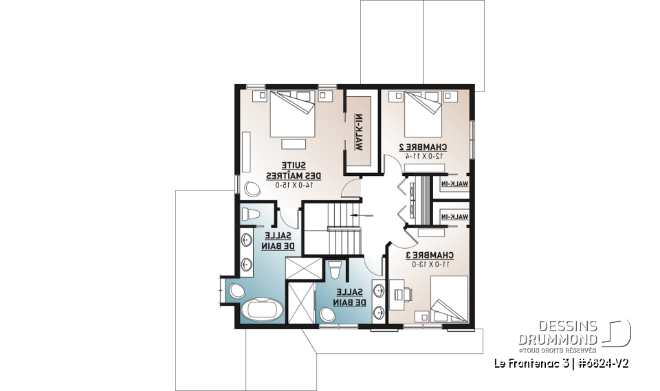 Étage - Plan de style champêtre rustique avec garage, grande cuisine avec îlot, foyer, suites des parents, 3 chambres - Le Frontenac 3