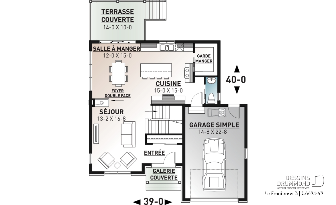 Rez-de-chaussée - Plan de style champêtre rustique avec garage, grande cuisine avec îlot, foyer, suites des parents, 3 chambres - Le Frontenac 3
