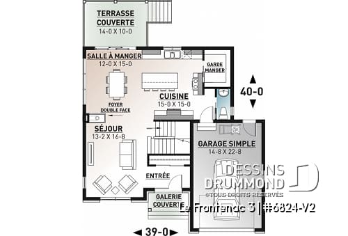 Rez-de-chaussée - Plan de style champêtre rustique avec garage, grande cuisine avec îlot, foyer, suites des parents, 3 chambres - Le Frontenac 3