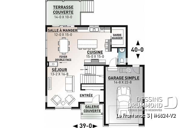 Rez-de-chaussée - Plan de style champêtre rustique avec garage, grande cuisine avec îlot, foyer, suites des parents, 3 chambres - Le Frontenac 3