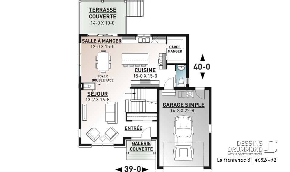 Rez-de-chaussée - Plan de style champêtre rustique avec garage, grande cuisine avec îlot, foyer, suites des parents, 3 chambres - Le Frontenac 3