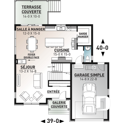 Rez-de-chaussée - Plan de style champêtre rustique avec garage, grande cuisine avec îlot, foyer, suites des parents, 3 chambres - Le Frontenac 3