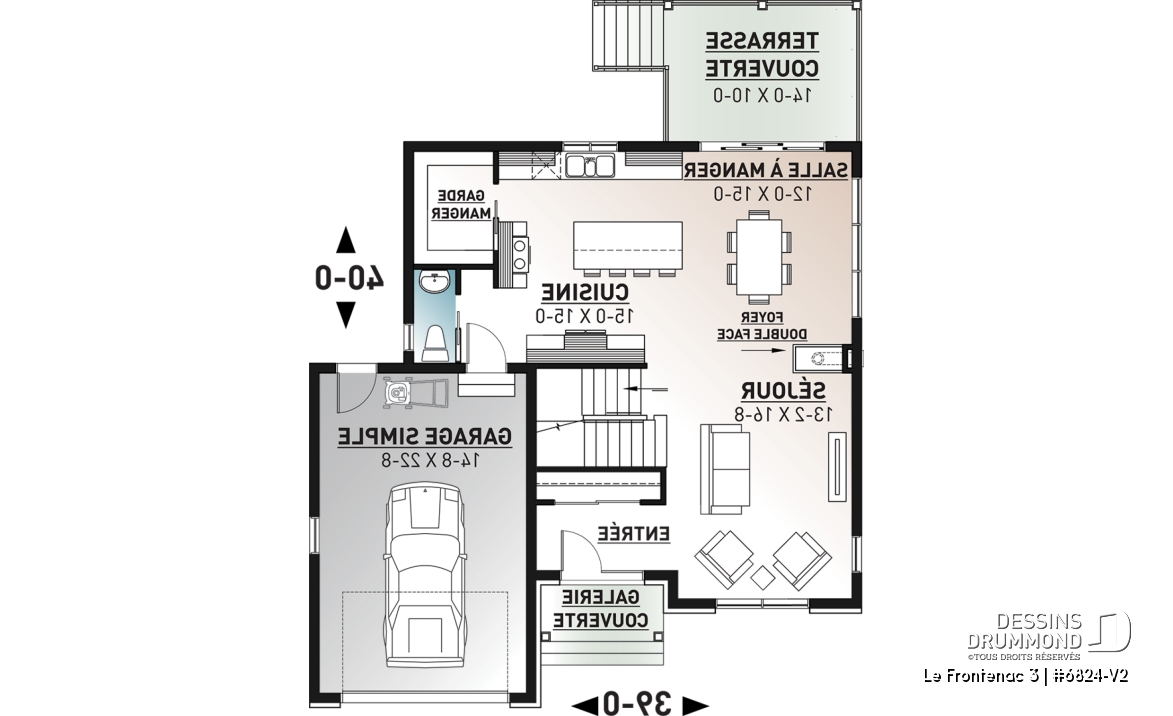 Rez-de-chaussée - Plan de style champêtre rustique avec garage, grande cuisine avec îlot, foyer, suites des parents, 3 chambres - Le Frontenac 3