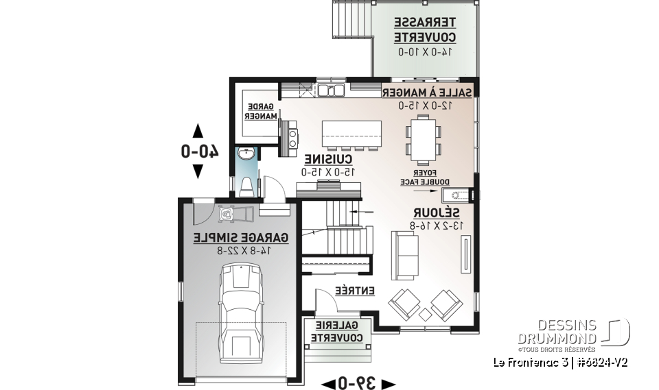 Rez-de-chaussée - Plan de style champêtre rustique avec garage, grande cuisine avec îlot, foyer, suites des parents, 3 chambres - Le Frontenac 3
