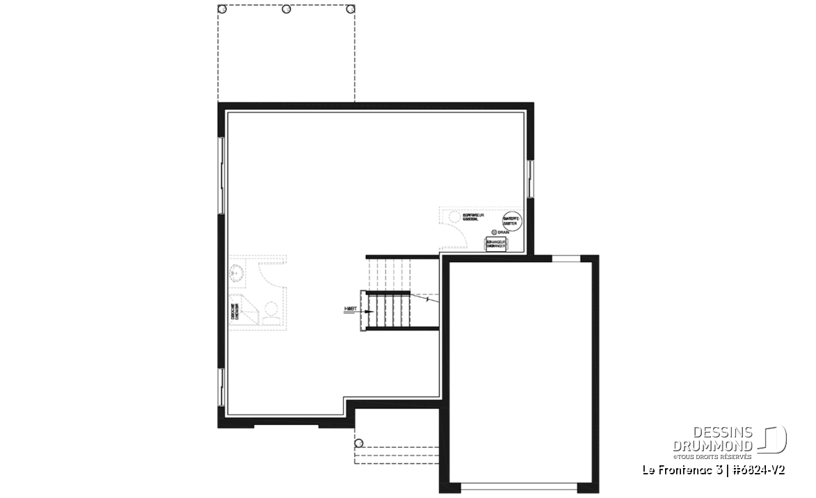 Sous-sol - Plan de style champêtre rustique avec garage, grande cuisine avec îlot, foyer, suites des parents, 3 chambres - Le Frontenac 3