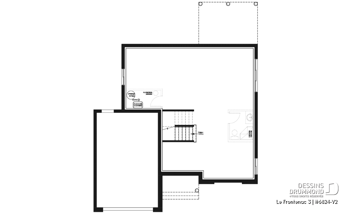 Sous-sol - Plan de style champêtre rustique avec garage, grande cuisine avec îlot, foyer, suites des parents, 3 chambres - Le Frontenac 3