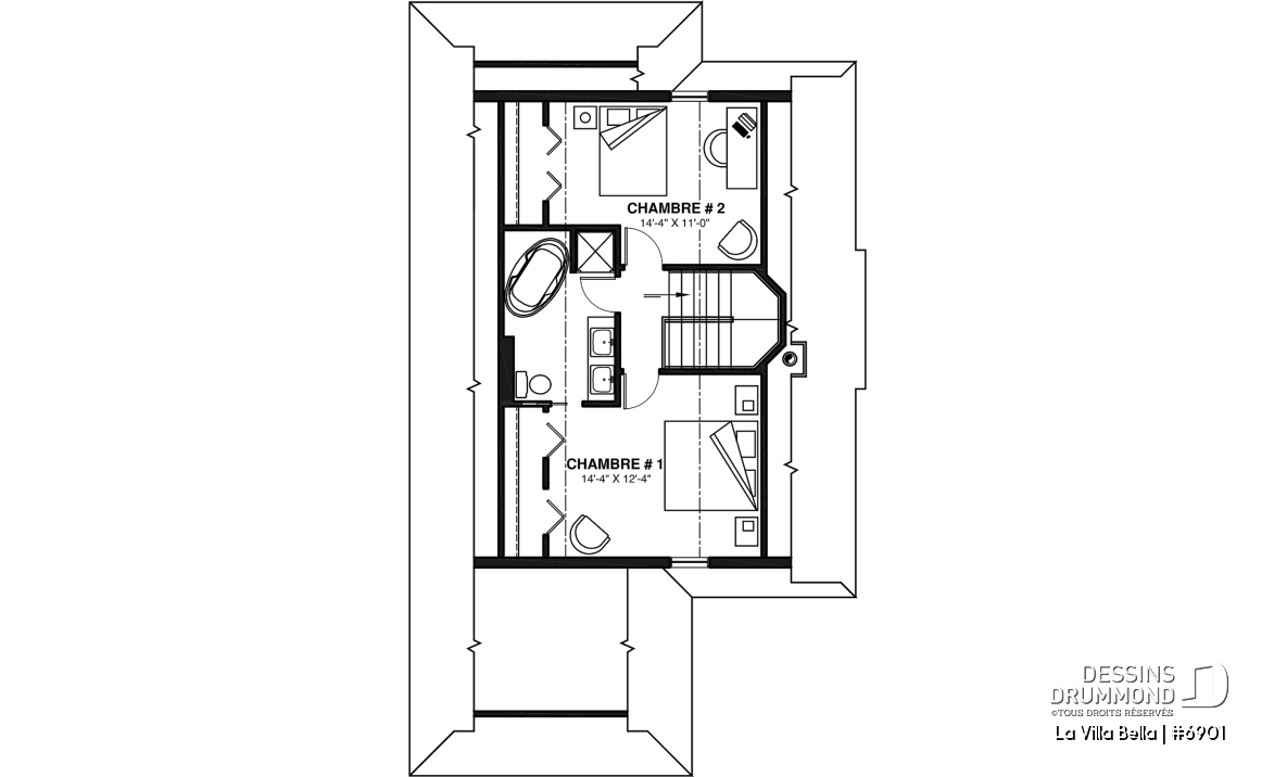 Étage - Plan de chalet rustique 3 chambres, 2 salles de bain, foyer, abri-moustiquaire et aire ouverte - La Villa Bella