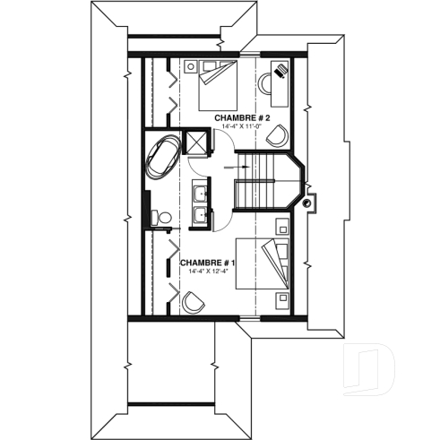 Étage - Plan de chalet rustique 3 chambres, 2 salles de bain, foyer, abri-moustiquaire et aire ouverte - La Villa Bella