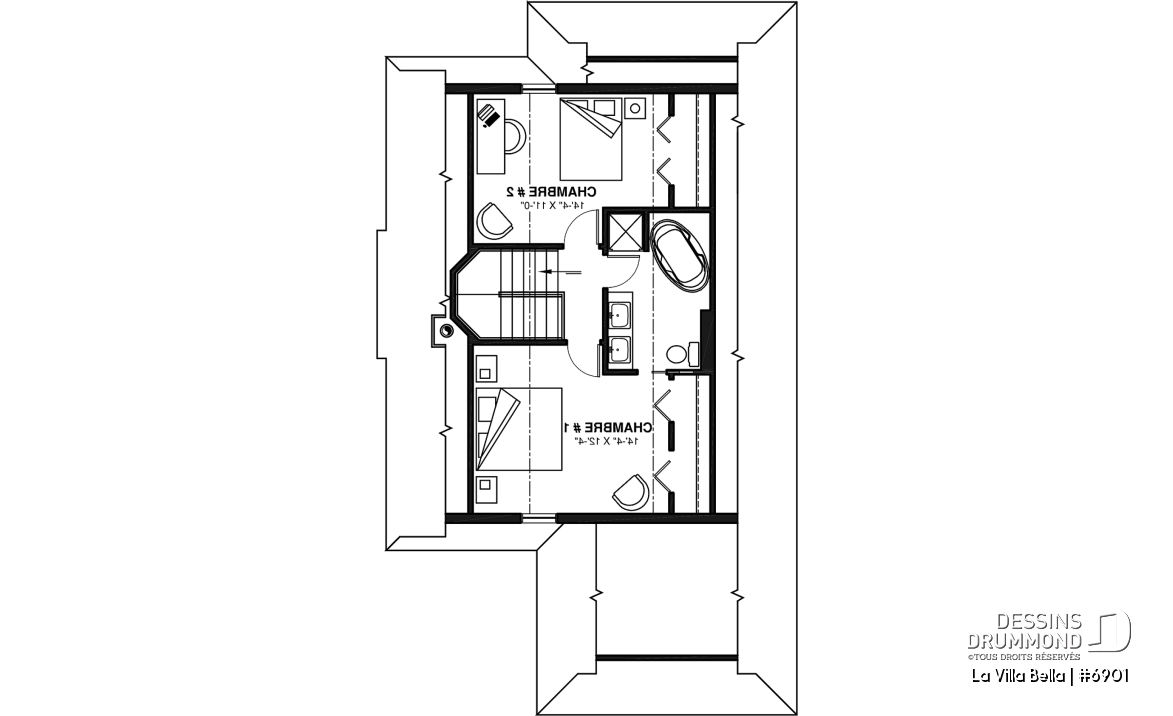 Étage - Plan de chalet rustique 3 chambres, 2 salles de bain, foyer, abri-moustiquaire et aire ouverte - La Villa Bella