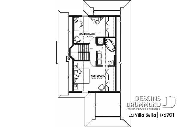 Étage - Plan de chalet rustique 3 chambres, 2 salles de bain, foyer, abri-moustiquaire et aire ouverte - La Villa Bella