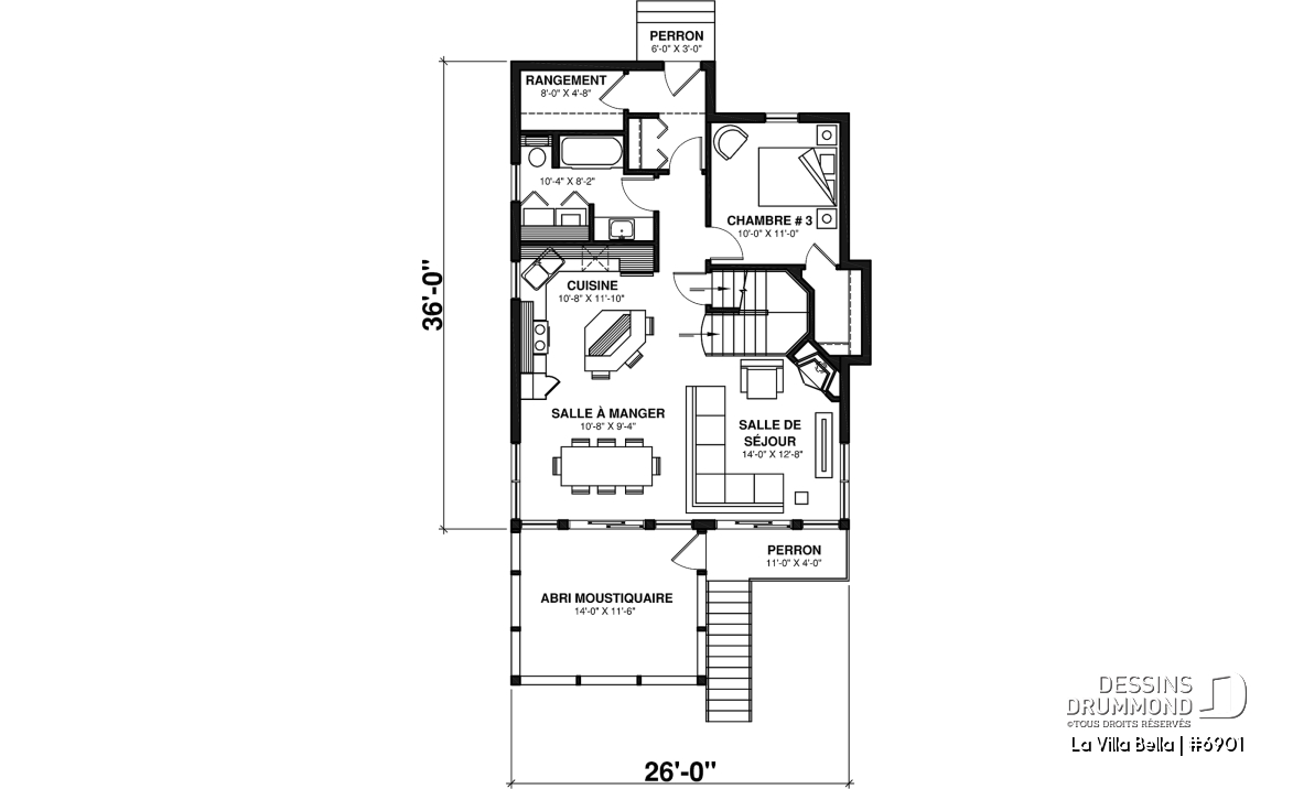 Rez-de-chaussée - Plan de chalet rustique 3 chambres, 2 salles de bain, foyer, abri-moustiquaire et aire ouverte - La Villa Bella