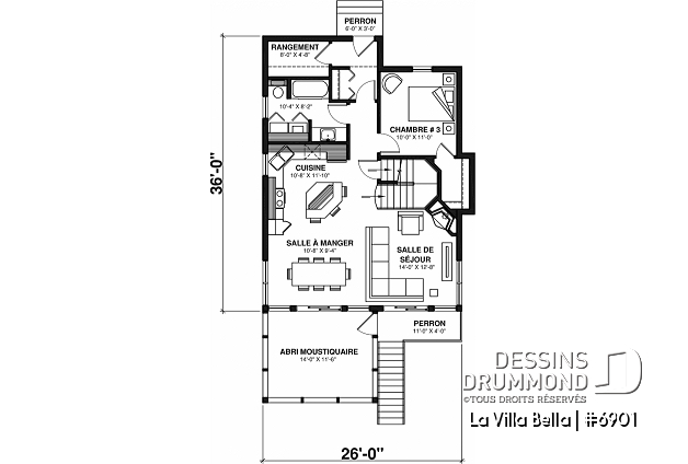 Rez-de-chaussée - Plan de chalet rustique 3 chambres, 2 salles de bain, foyer, abri-moustiquaire et aire ouverte - La Villa Bella