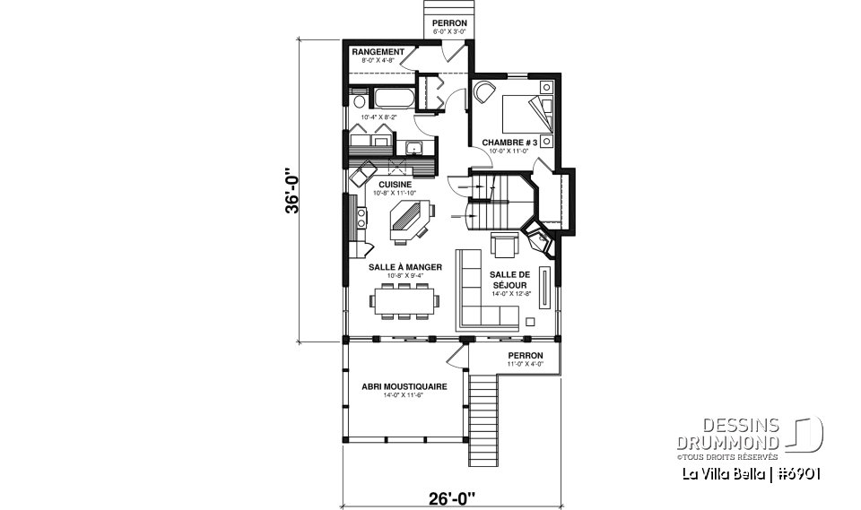 Rez-de-chaussée - Plan de chalet rustique 3 chambres, 2 salles de bain, foyer, abri-moustiquaire et aire ouverte - La Villa Bella