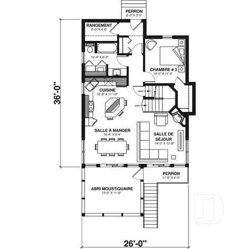 Rez-de-chaussée - Plan de chalet rustique 3 chambres, 2 salles de bain, foyer, abri-moustiquaire et aire ouverte - La Villa Bella