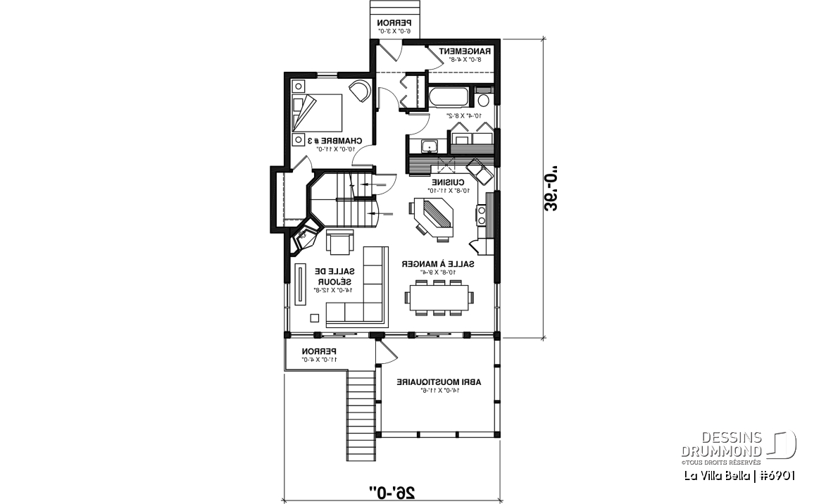 Rez-de-chaussée - Plan de chalet rustique 3 chambres, 2 salles de bain, foyer, abri-moustiquaire et aire ouverte - La Villa Bella