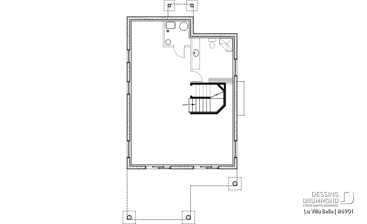 Sous-sol - Plan de chalet rustique 3 chambres, 2 salles de bain, foyer, abri-moustiquaire et aire ouverte - La Villa Bella