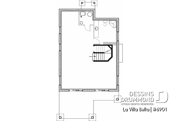 Sous-sol - Plan de chalet rustique 3 chambres, 2 salles de bain, foyer, abri-moustiquaire et aire ouverte - La Villa Bella