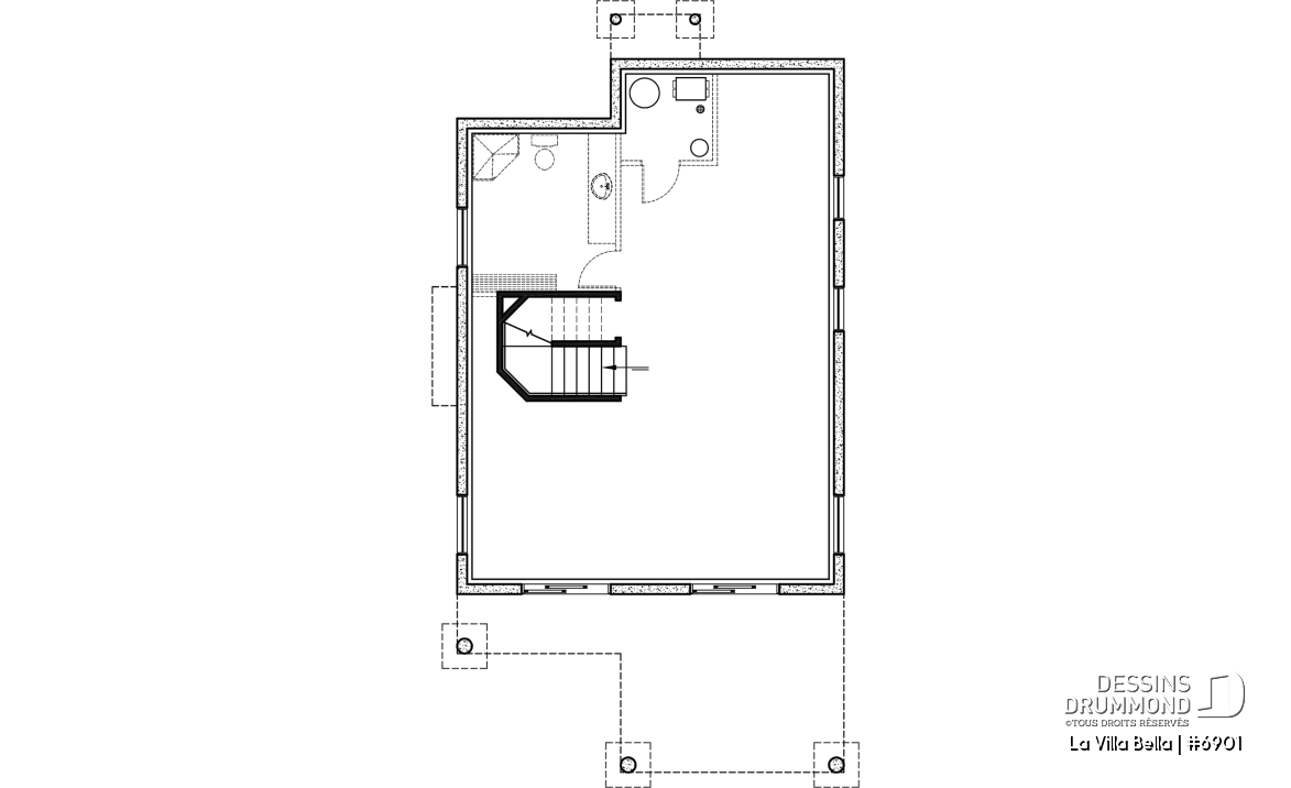 Sous-sol - Plan de chalet rustique 3 chambres, 2 salles de bain, foyer, abri-moustiquaire et aire ouverte - La Villa Bella