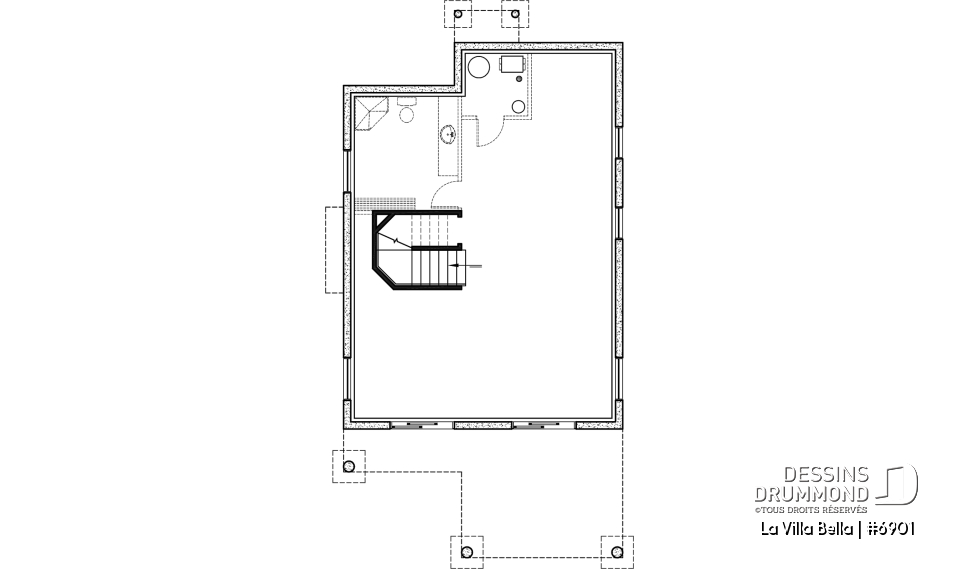 Sous-sol - Plan de chalet rustique 3 chambres, 2 salles de bain, foyer, abri-moustiquaire et aire ouverte - La Villa Bella