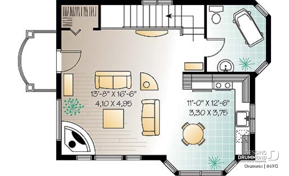 Étage - Plan de chalet aux planchers inversés, cuisine et salon à l'étage, chambres au rez-de-chaussée, panoramique - Chamonix
