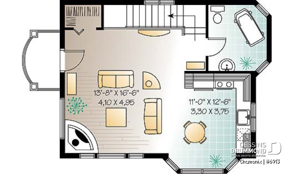Étage - Plan de chalet aux planchers inversés, cuisine et salon à l'étage, chambres au rez-de-chaussée, panoramique - Chamonix