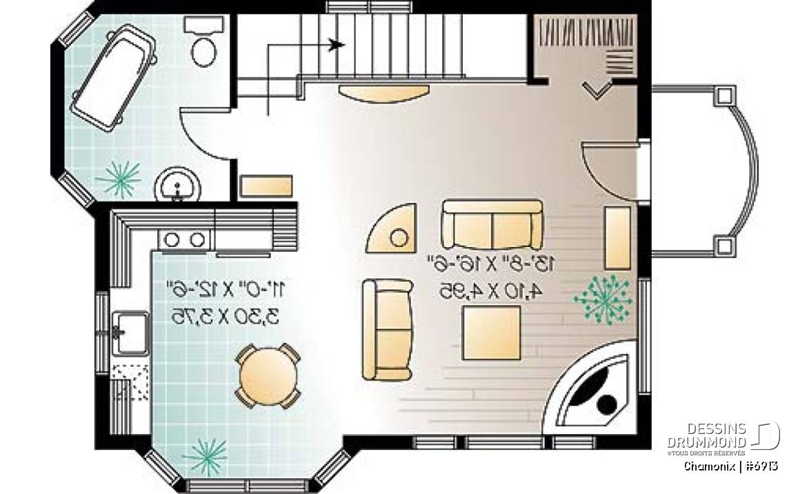 Étage - Plan de chalet aux planchers inversés, cuisine et salon à l'étage, chambres au rez-de-chaussée, panoramique - Chamonix