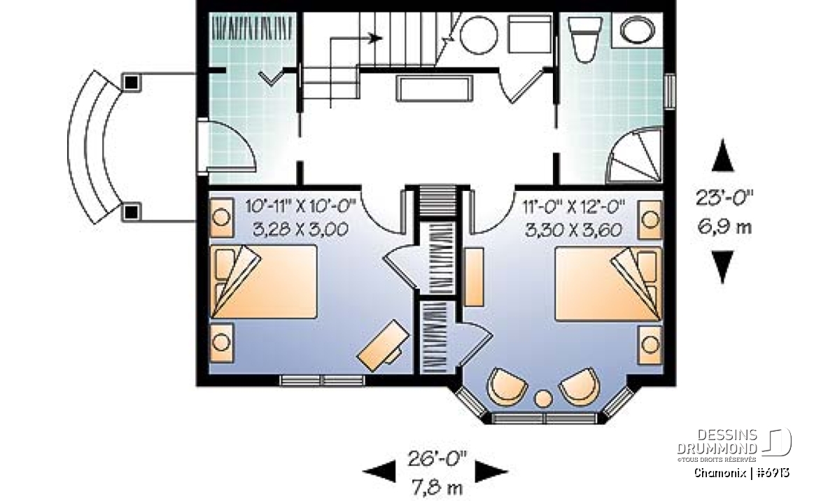 Rez-de-chaussée - Plan de chalet aux planchers inversés, cuisine et salon à l'étage, chambres au rez-de-chaussée, panoramique - Chamonix