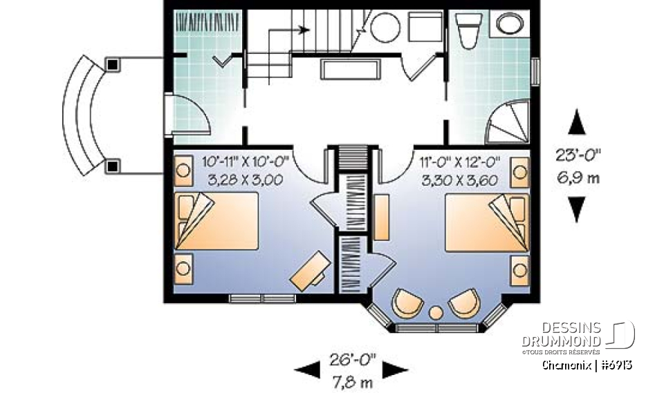 Rez-de-chaussée - Plan de chalet aux planchers inversés, cuisine et salon à l'étage, chambres au rez-de-chaussée, panoramique - Chamonix