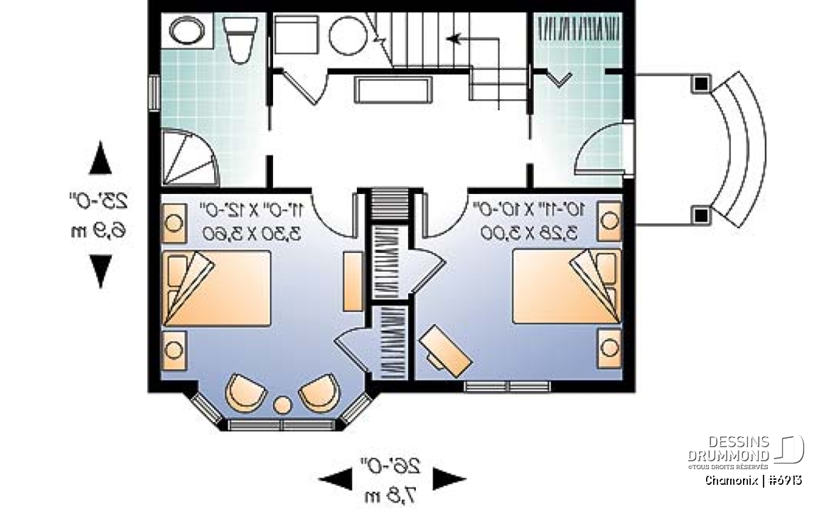 Rez-de-chaussée - Plan de chalet aux planchers inversés, cuisine et salon à l'étage, chambres au rez-de-chaussée, panoramique - Chamonix
